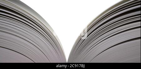 Widescreen image of an open book with open pages on both sides. Isolated on white Stock Photo