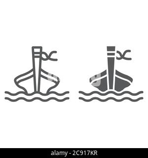 Long tail boat line and glyph icon, sheep and sea, tai boat sign, vector graphics, a linear pattern on a white background. Stock Vector