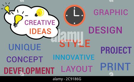 Words representing graphic design process while creating layouts with light bulbs representing creativity Stock Vector