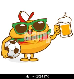 Cartoon illustration of a hamburger character holding a glass of beer and holding a soccer ball. Stock Photo