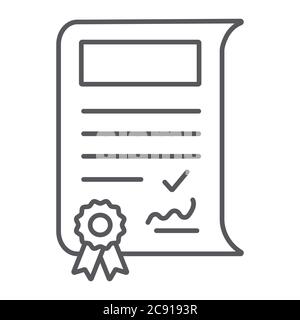 School sertificate thin line icon, achievement and award, diploma sign, vector graphics, a linear pattern on a white background. Stock Vector