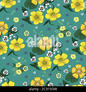 Yellow and white flowers with green leaves and floral elements on the blue background. vector seamless pattern with summer flowers. Potbelly Stock Vector