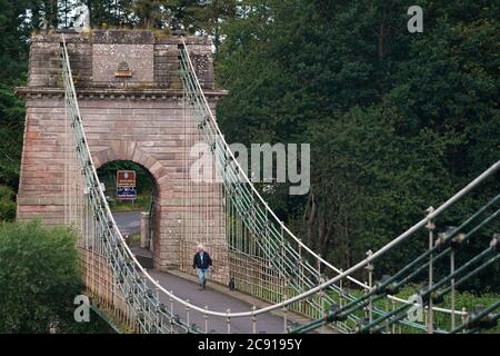 The 200-year-old Union Chain suspension bridge, which crosses the River Tweed, from Horncliffe in Northumberland to Fishwick in Berwickshire, ahead of refurbishment beginning next month. Stock Photo