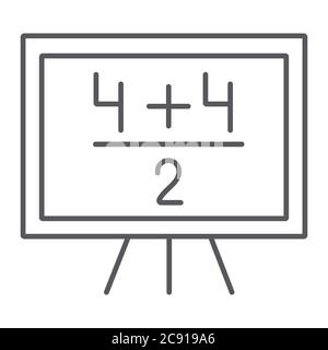 Maths example thin line icon, lesson and mathematical, blackboard with arithmetic sign, vector graphics, a linear pattern on a white background. Stock Vector