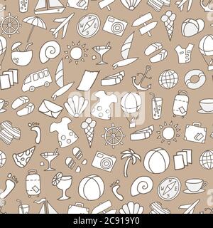 Seamless pattern with black and white cartoon travel items Stock Vector