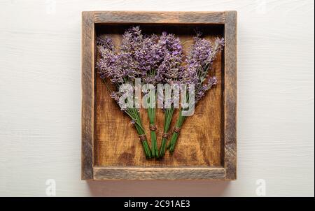 Fresh lavender flower bouquets are dried in wooden box. Bunches of lavender flowers dry. Apothecary herbs for lavender aromatherapy. Top view White Stock Photo