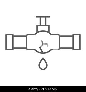 Burst oil pipe thin line icon, crack and plumber, oil leak sign, vector graphics, a linear pattern on a white background. Stock Vector