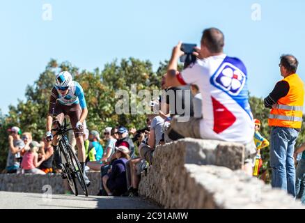 Col du Serre de Tourre,France - July 15,2016: The French cyclist Romain Bardet of AG2R La Mondiale Team riding during an individual time trial stage i Stock Photo
