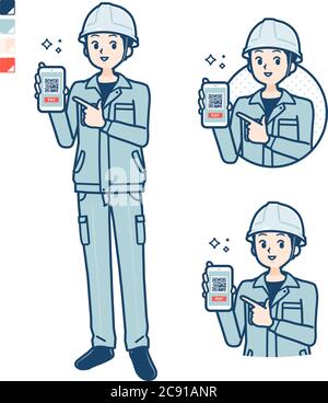 A Man wearing workwear with cashless payment on smartphone images. It's vector art so it's easy to edit. Stock Vector