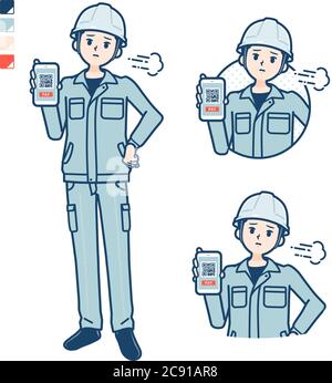 A Man wearing workwear with cashless payment on smartphone Troubled images. It's vector art so it's easy to edit. Stock Vector