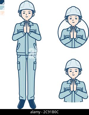 A Man wearing workwear with press hands in prayer images. It's vector art so it's easy to edit. Stock Vector