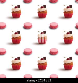 Delicious sweet pastry seamless background with pink macaroons and cupcakes on white background Stock Photo