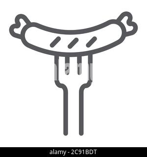 Sausage on fork line icon, food and meat, grilled sausage sign, vector graphics, a linear pattern on a white background. Stock Vector