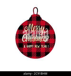 Checkered shape christmas ball with Merry Christmas lettering inscription. Red and black color. Vector Winter holiday design isolated on white Stock Vector