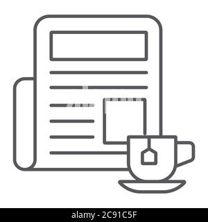 Newspaper with cup thin line icon, morning and news, daily newspaper sign, vector graphics, a linear pattern on a white background. Stock Vector