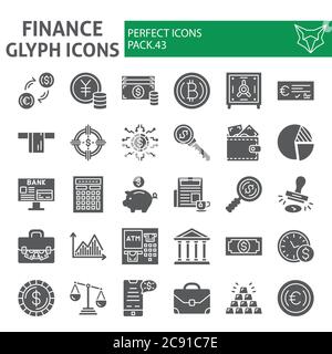 Finance glyph icon set, money symbols collection, vector sketches, logo illustrations, banking signs solid pictograms package isolated on white Stock Vector