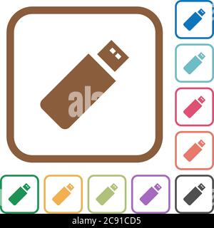 Pendrive simple icons in color rounded square frames on white background Stock Vector