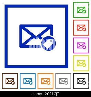 Tagging mail flat color icons in square frames on white background Stock Vector