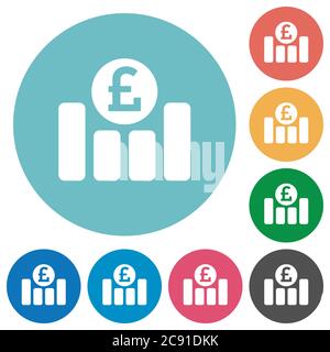 Pound graph flat white icons on round color backgrounds Stock Vector
