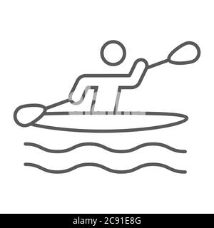 Man kayaking thin line icon, sport and rowing, canoeing sign, vector graphics, a linear pattern on a white background. Stock Vector