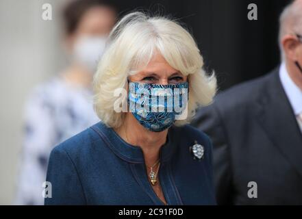 The Duchess of Cornwall wearing a face mask arrives at the recently reopened National Gallery in London, to meet staff involved in the organisation's Covid-19 response and reopening process. Stock Photo