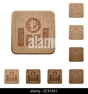 Turkish Lira graph on rounded square carved wooden button styles Stock Vector