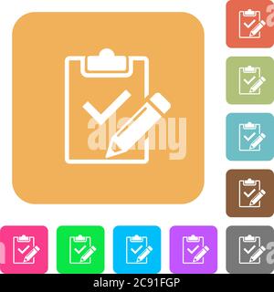 Fill out checklist icons on rounded square vivid color backgrounds. Stock Vector