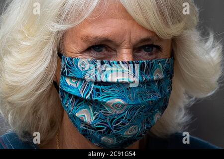 The Duchess of Cornwall wearing a face mask arrives at the recently reopened National Gallery in London, to meet staff involved in the organisation's Covid-19 response and reopening process. Stock Photo