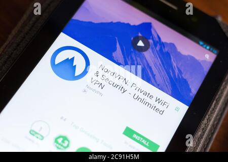Ryazan, Russia - June 24, 2018: NordVPN, Private WiFi and Security, Unlimited VPN mobile app on the display of tablet PC Stock Photo