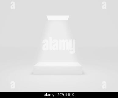 Long podium in white room. Pedestal with light background as futuristic stand concept. Blank product shelf standing backdrop. 3D rendering Stock Photo