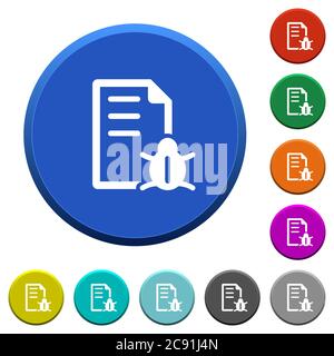 Bug report round color beveled buttons with smooth surfaces and flat white icons Stock Vector
