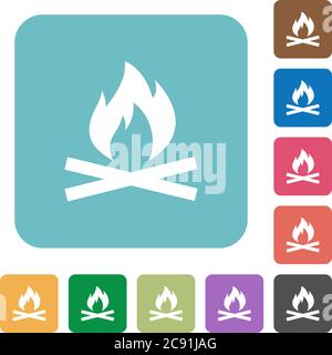 Camp fire white flat icons on color rounded square backgrounds Stock Vector
