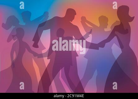 Ballroom dancing, dance party colorful background. Colorful background with silhouettes of dancing youngcouples. Vector available. Stock Vector