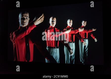 London, UK.  28 July 2020. 3D video installation '12345678', 2017, by Kraftwerk.  Preview of 'Electronic: From Kraftwerk to The Chemical Brothers' at the Design Museum in Kensington which is reopening after coronavirus lockdown.  The new exhibition explores the hypnotic world of electronic music, from its origins to its futuristic dreams.  The show runs 31 July 2020 – 14 February 2021 with visitors required to adhere to strict social distancing guidelines. Credit: Stephen Chung / Alamy Live News Stock Photo