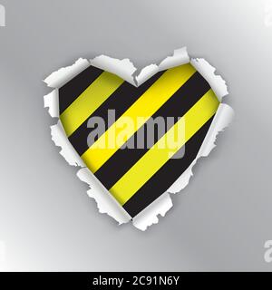 Love under construction, failed relationship concept. Illustration of a hole in paper in the shape of heart with under construction sign. Stock Vector