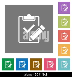 Fill out checklist flat icons on simple color square backgrounds Stock Vector