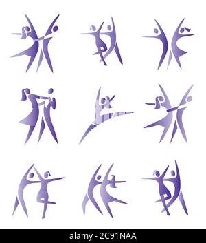Couple ,ballroom dancing ,icons.  Set of violet symbols.Isolated on white background. Vector available. Stock Vector