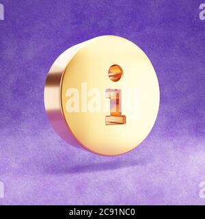 Info icon. Gold glossy information symbol isolated on violet velvet ...