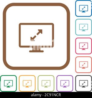 Adjust screen resolution simple icons in color rounded square frames on white background Stock Vector