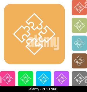 Puzzle pieces flat icons on rounded square vivid color backgrounds. Stock Vector