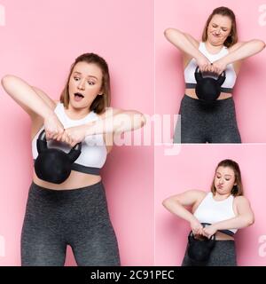 collage of emotional overweight girl grimacing while lifting heavy weight on pink Stock Photo