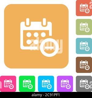Remove event from calendar flat icons on rounded square vivid color backgrounds. Stock Vector
