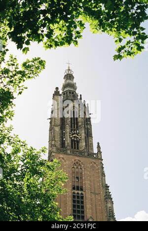 Photograph taken on Vintage film of the 'Onze Lieve Vrouwetoren' (Our Sweet Mary tower) from the year 1470, in the town of Amersfoort, the Netherlands Stock Photo