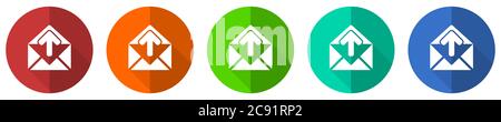 Email icon set, red, blue, green and orange flat design web buttons isolated on white background, vector illustration Stock Vector