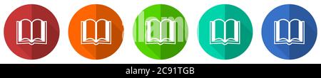 Book icon set, red, blue, green and orange flat design web buttons isolated on white background, vector illustration Stock Vector