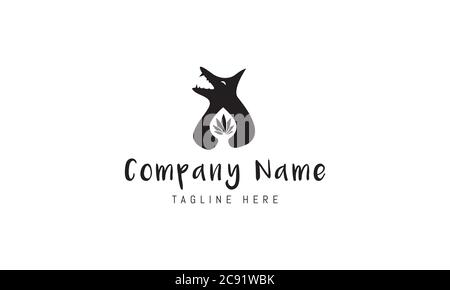 Vector logo on which an abstract image of a funny happy wolf holding a cannabis bush in the form of a drop. Stock Vector