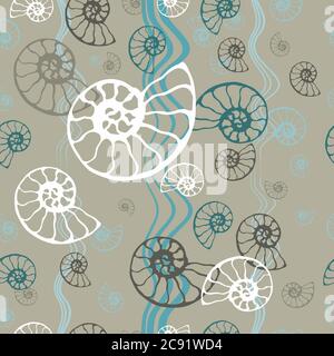 Seamless blue sea pattern fossil ammonite nautilus seashell vector. Hand drawn illustration for spa salon, seafood cafe, restaurant, corporate Stock Vector