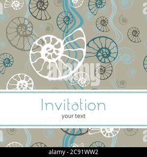 Seamless blue sea pattern fossil ammonite nautilus seashell vector. Hand drawn illustration for spa salon, seafood cafe, restaurant, corporate Stock Vector