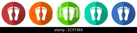 Foot icon set, red, blue, green and orange flat design web buttons isolated on white background, vector illustration Stock Vector