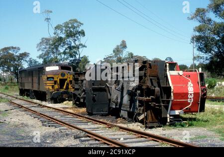 Withdrawn SRA diesel locomotives Classes 48 and 44  Nos. 48133 and 4416 at Cardiff, New South Wales, Australia. 30th October 1987. Stock Photo